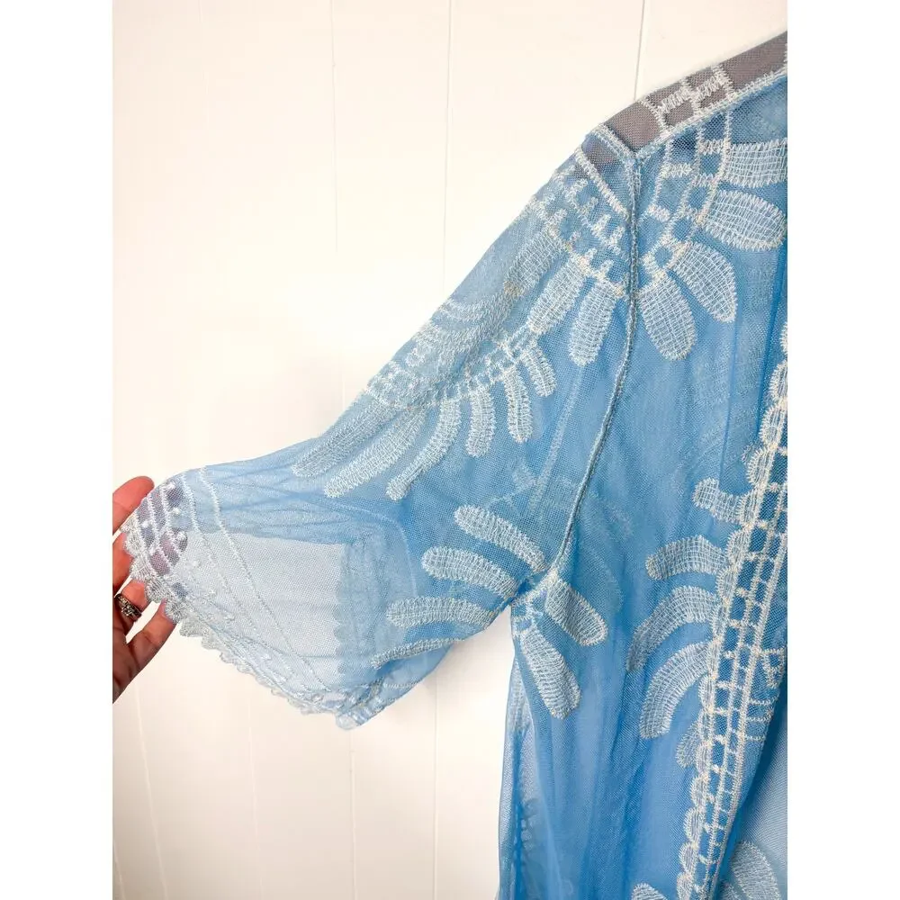 Rebellion Blue Duster Kimono Medium Beach Swim Coverup Lightweight Boho Flowy - Picture 5 of 8